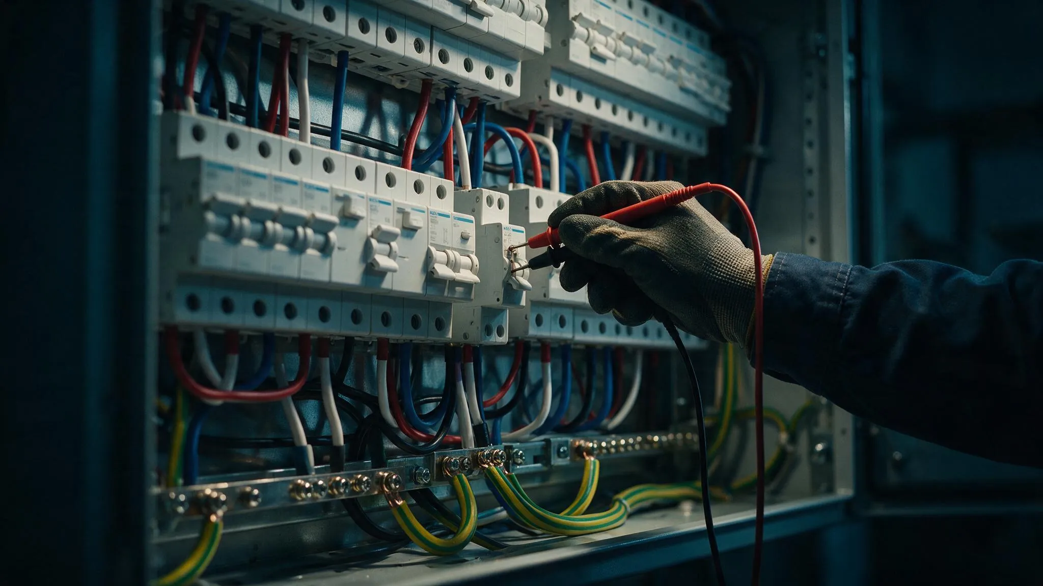 Electrician testing a commercial switchboard with correct AS/NZS 3000 wiring colours